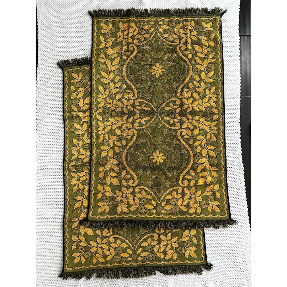 Cavalier Cannon USA Green Yellow Mid Century Mod Floral Scroll Bath Towel Set 5 - Picture 6 of 7